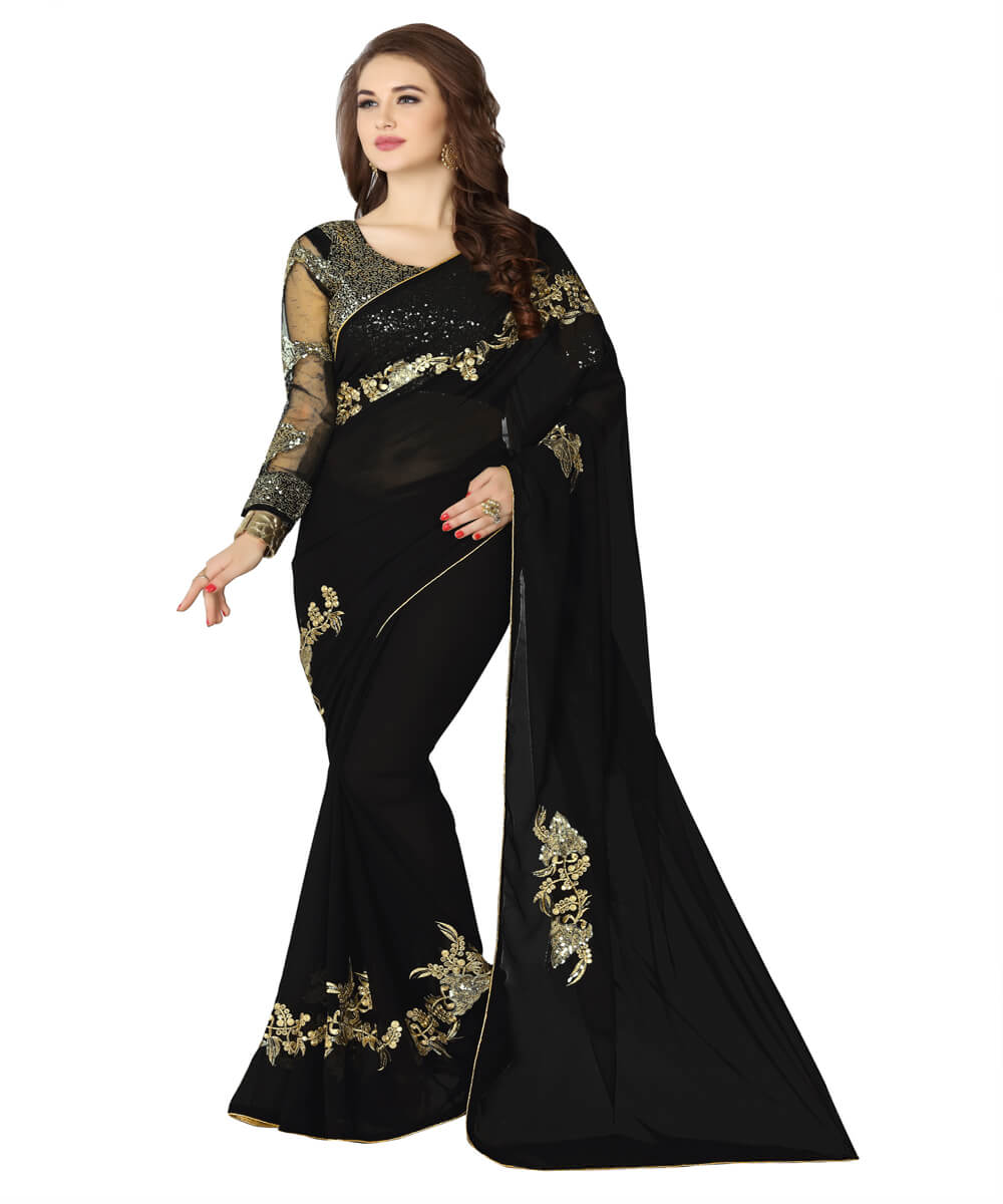 Georgette Black Color Embroidery Saree...