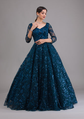 Blue Sequins Net Designer Gown
