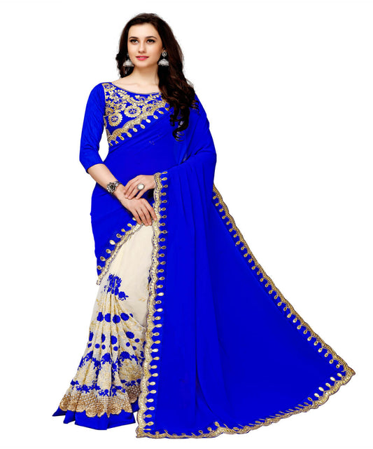 Blue And Off White Half N Half Embroider