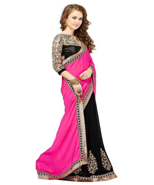 Black And Pink Embroidery Work Saree