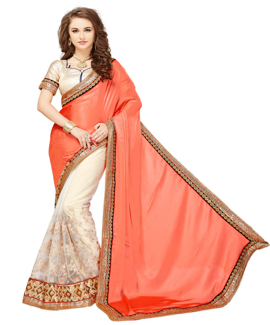 Beige And Orange Embroidery Work Saree