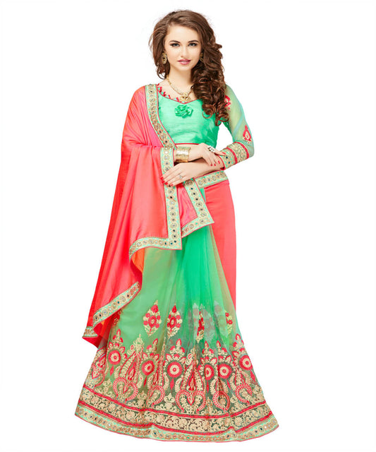 Fashionable Heavy Embroidered Green Sare...