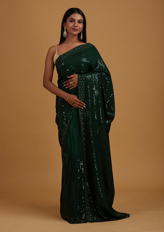 Bottle Green Sequins Semi Crepe Designer Saree