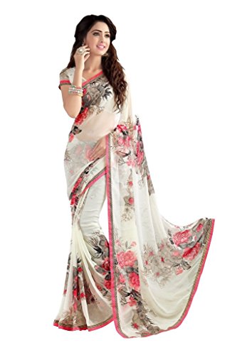 white-red flower printed saree