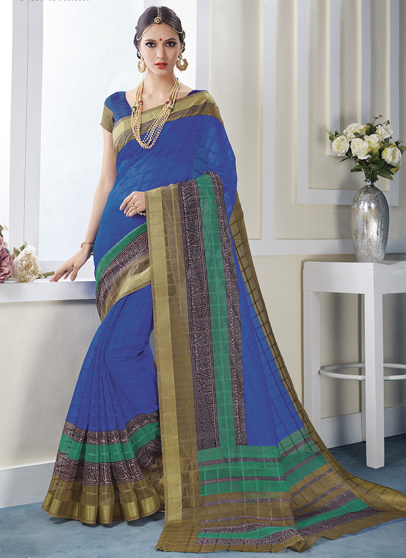 blue-yellowborder-designer saree