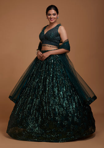 Bottle Green Sequins Net Readymade Lehenga