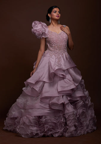 Lavender Silver Stonework Organza Gown
