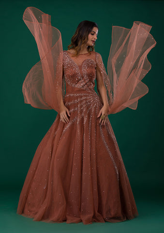 Rust Silver Stonework Net Designer Gown