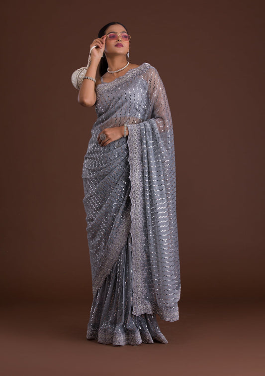 Light Grey Sequins Net Designer Saree