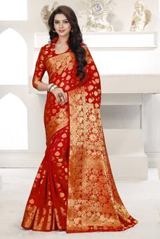Beige And Orange Embroidery Work Saree