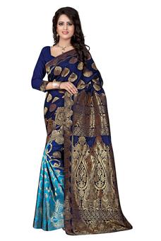 Designer Navy Blue color Tussar Silk Saree