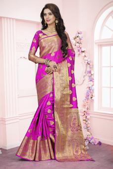 Designer Pink Printed Silk Zari Thread Border Saree